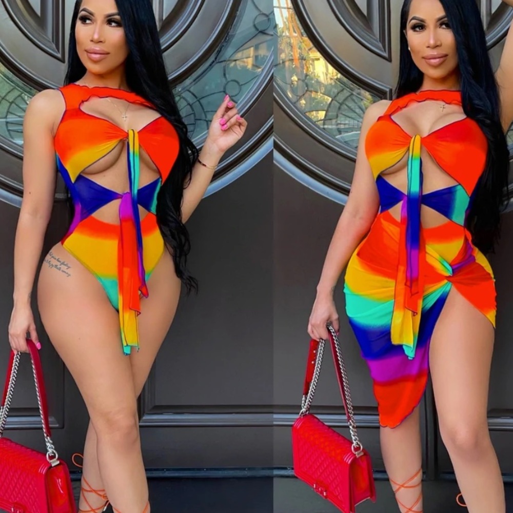 Multi print sheer swimsuit